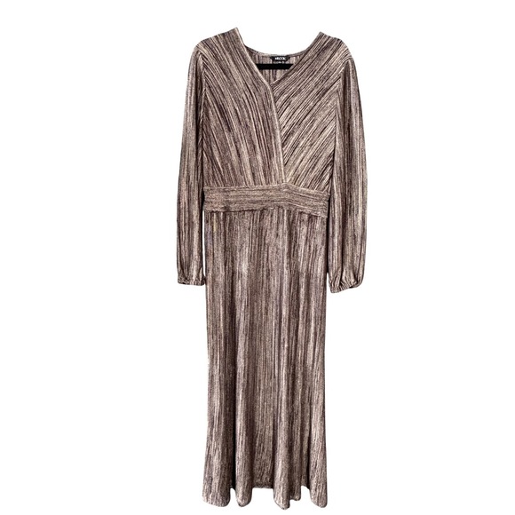 Misook Dresses & Skirts - Misook Dress Womens Large Brown Striped Knit Pleated V Neck Long Sleeve Maxi